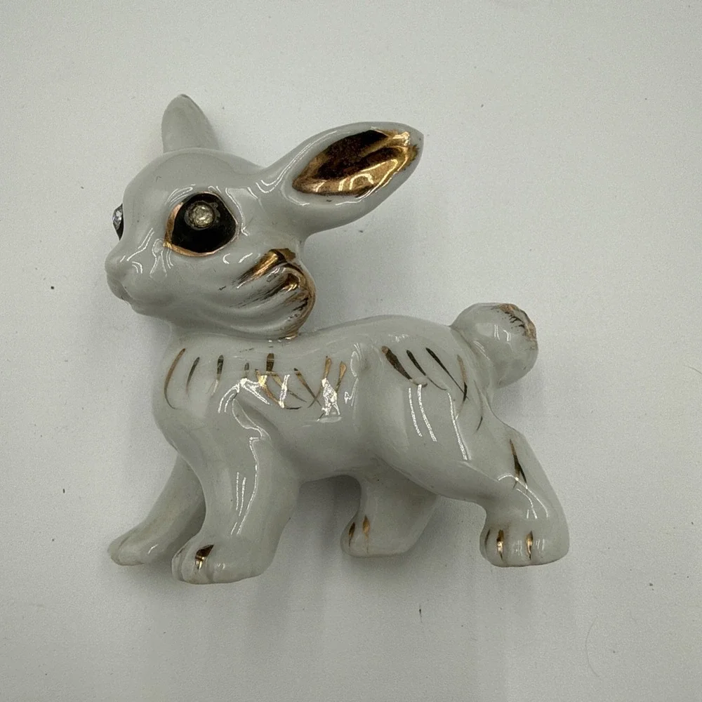 Vintage Japan White Porcelain Bunny Rabbit Figurine Gold Gilt Rhinestone Eyes
